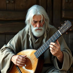 A realistic portrait of a white-haired adult bard playing a lute with exceptional skill