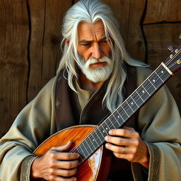 A realistic portrait of a white-haired adult bard playing a lute with exceptional skill