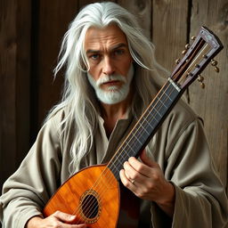 A realistic portrait of a white-haired adult bard playing a lute with exceptional skill