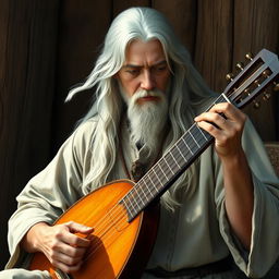 A realistic portrait of a white-haired adult bard playing a lute with exceptional skill