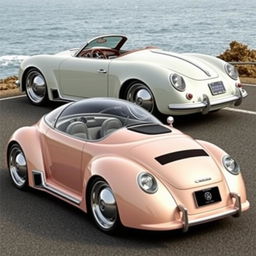 A futuristic car design that combines elements of the classic 356 Speedster and a 2017 Volkswagen New Beetle