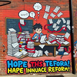 Street art mural depicting a satirical portrayal of an ineffective school system