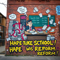 Street art mural depicting a satirical portrayal of an ineffective school system