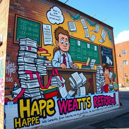 Street art mural depicting a satirical portrayal of an ineffective school system