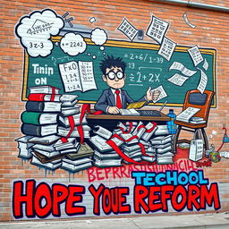 Street art mural depicting a satirical portrayal of an ineffective school system