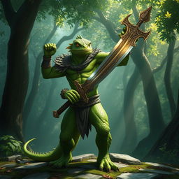 A heroic lizardman warrior standing triumphantly, wielding a gleaming sword with intricate designs