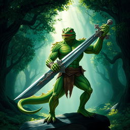 A heroic lizardman warrior standing triumphantly, wielding a gleaming sword with intricate designs