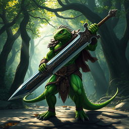 A heroic lizardman warrior standing triumphantly, wielding a gleaming sword with intricate designs