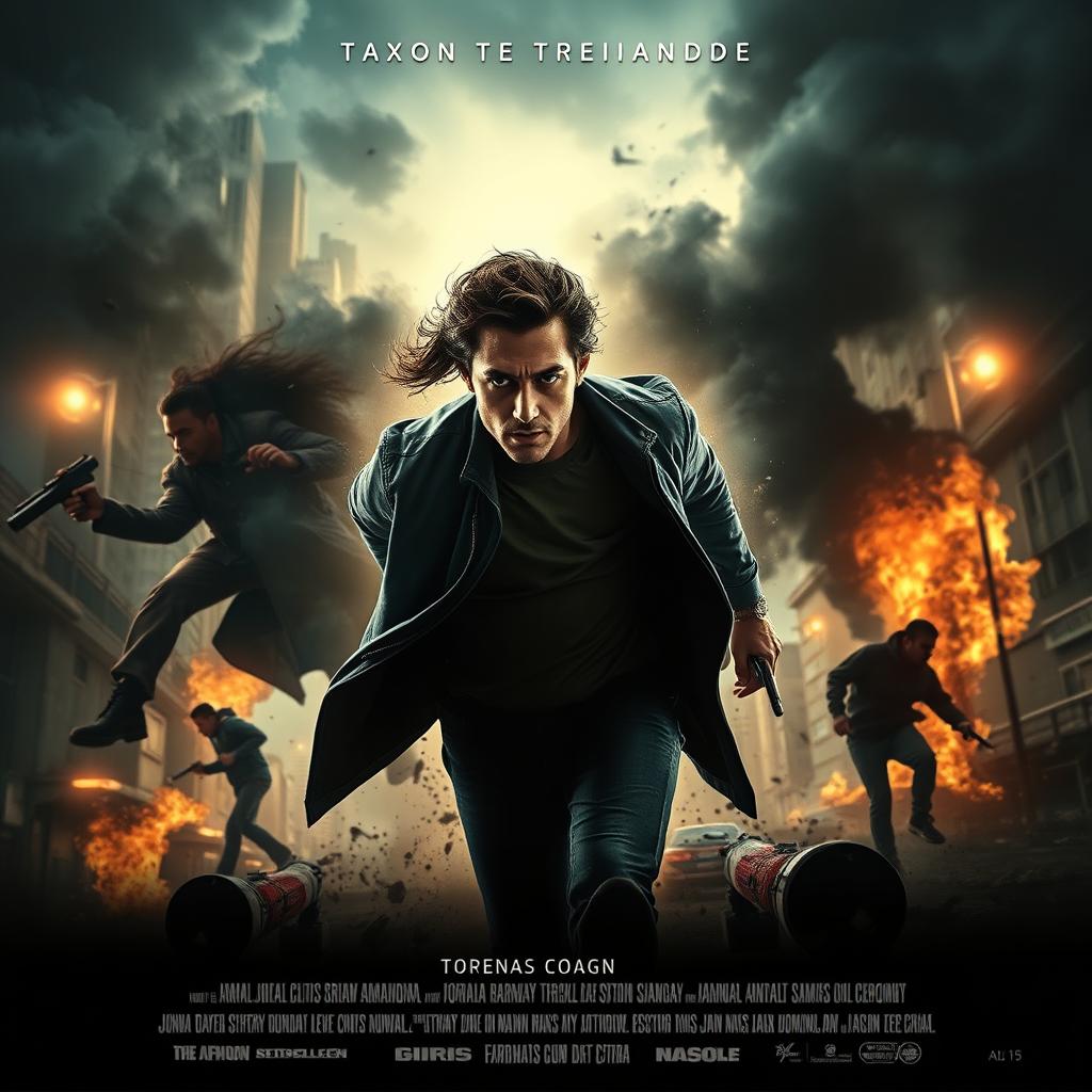 A stunning horizontal movie poster capturing dynamic action and intrigue