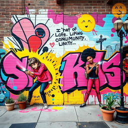 A vibrant street art mural that showcases dynamic graffiti styles