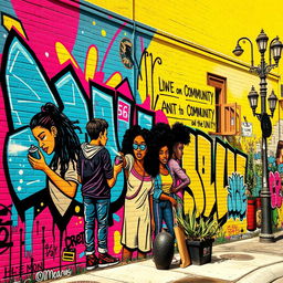 A vibrant street art mural that showcases dynamic graffiti styles