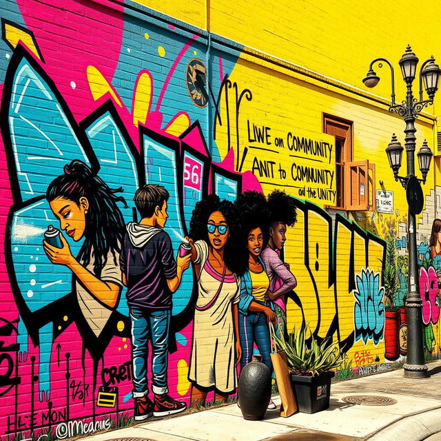 A vibrant street art mural that showcases dynamic graffiti styles