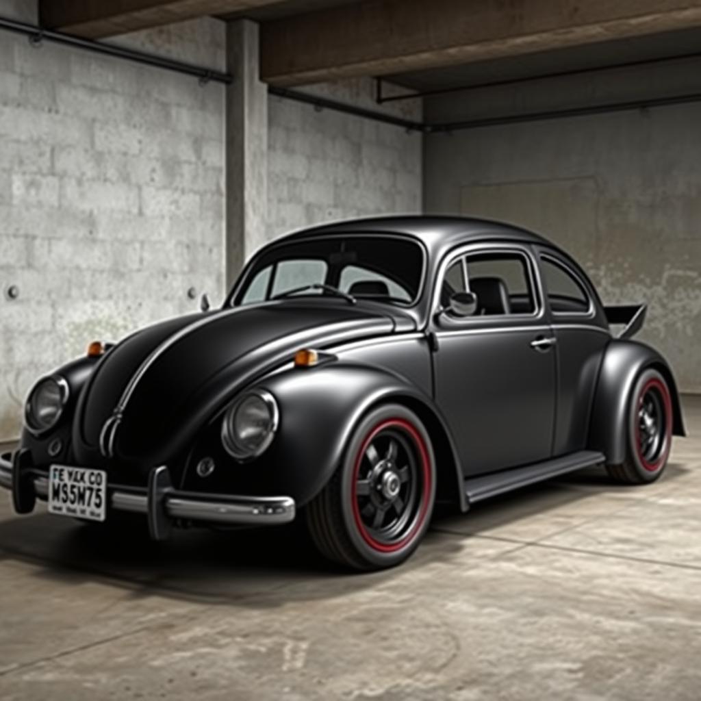 A realistic Volkswagen Beetle design showcasing several modifications: the roof lowered by 8 cm and set back by 10 cm, with the doors recessed and enlarged by 5 cm from the rear fender