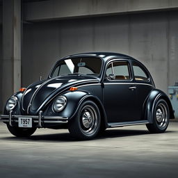 A realistic Volkswagen Beetle design showcasing several modifications: the roof lowered by 8 cm and set back by 10 cm, with the doors recessed and enlarged by 5 cm from the rear fender