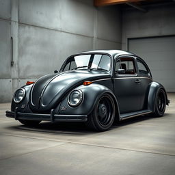 A realistic Volkswagen Beetle design showcasing several modifications: the roof lowered by 8 cm and set back by 10 cm, with the doors recessed and enlarged by 5 cm from the rear fender