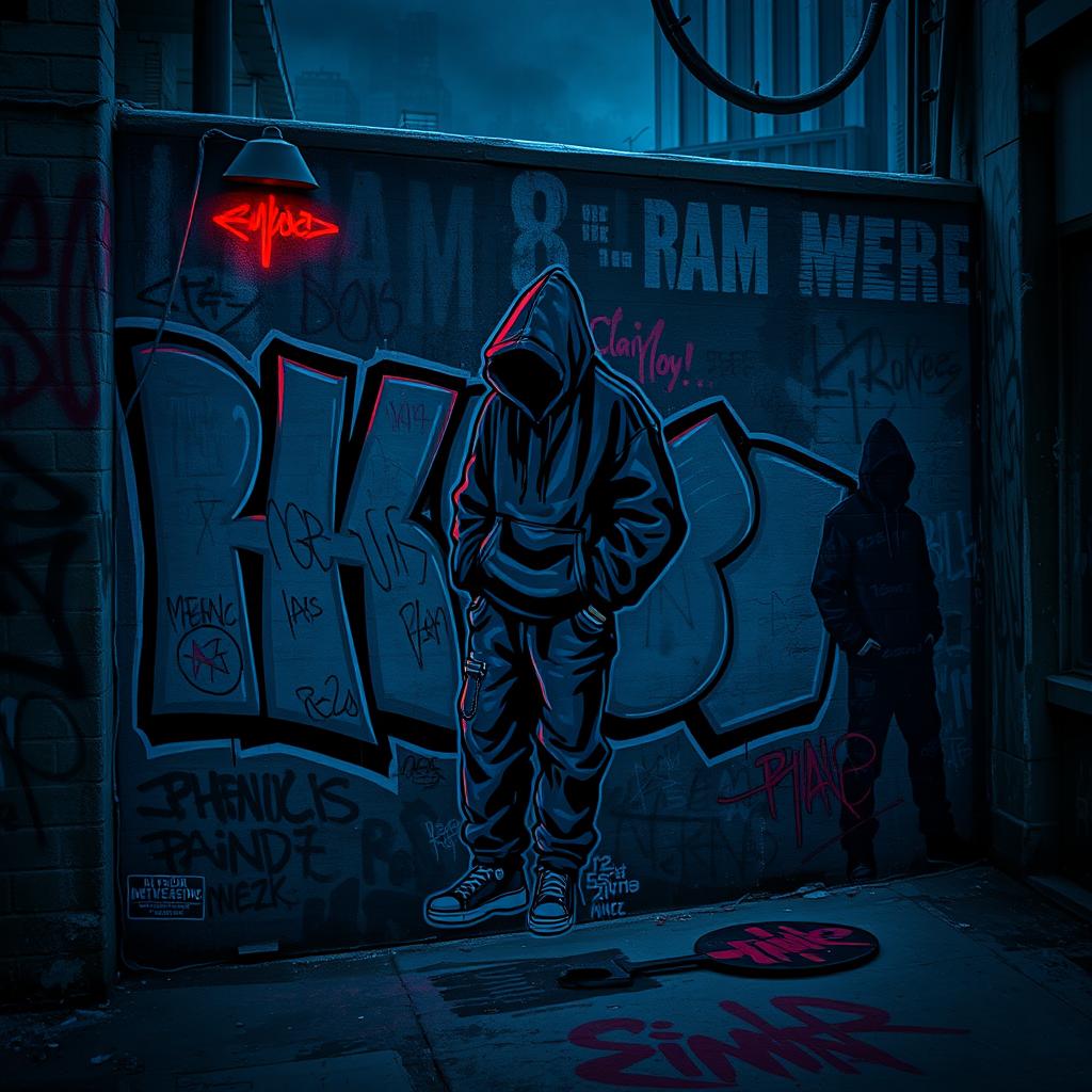 A dark-themed street art mural from the 2000s era, featuring edgy graffiti elements and an urban, gritty aesthetic