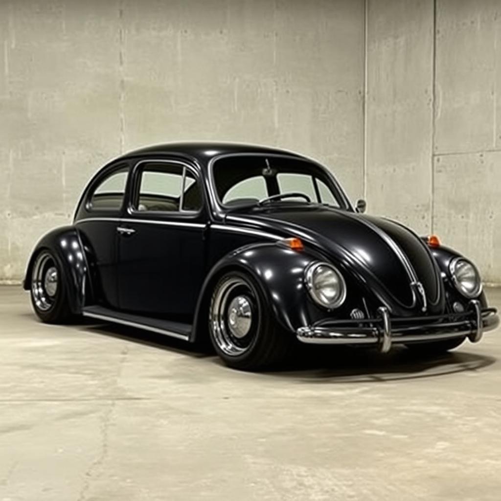 A modified Volkswagen Beetle featuring a lowered roof by approximately 28 cm, set back by 50 cm, and doors recessed and enlarged by 15 cm from the rear fender