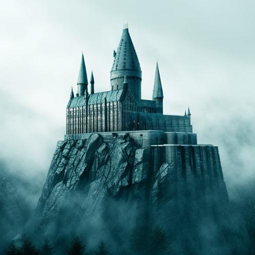 A detailed image of Harry Potter, standing tall with his black robe waving in the wind, his emerald eyes under the round glasses highlighting a look of determination, his wand raised high against the backdrop of a misty Hogwarts Castle.