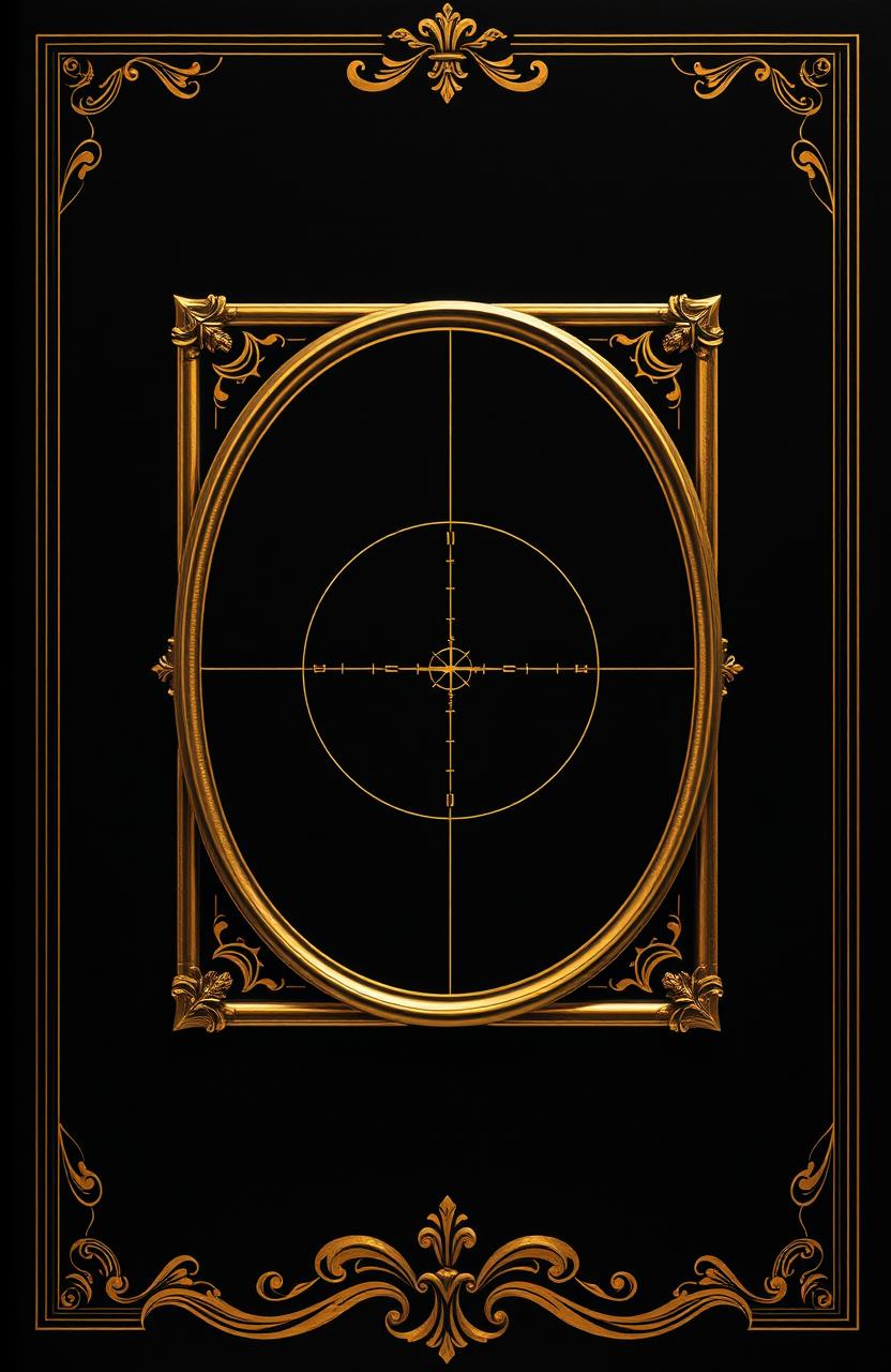 A captivating cover design featuring a stark black background, elegantly adorned with a luxurious golden frame