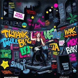 a creative illustration depicting a dark urban landscape filled with street art and graffiti, influenced by the edgy style of the 2000s