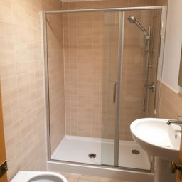 a bathroom with a shower tray and shower set on the right side, a sink on the right side, beige tiled walls, no toilet