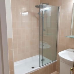 a bathroom with a shower tray and shower set on the right side, a sink on the right side, beige tiled walls, no toilet