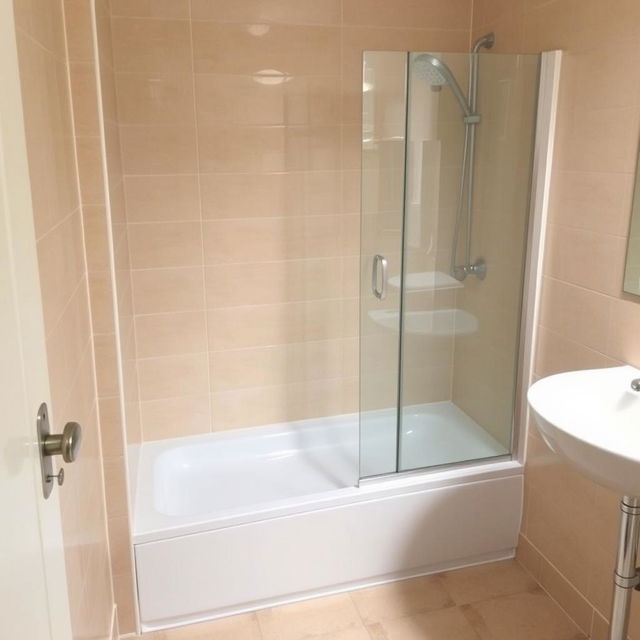 a bathroom with a shower tray and shower set on the right side, a sink on the right side, beige tiled walls, no toilet