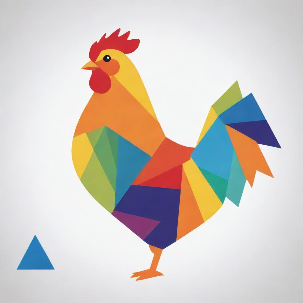 An abstract chicken composed of geometric shapes, such as triangles and circles. The color scheme is vibrant, featuring a blend of primaries and secondaries to heighten the visual interest.