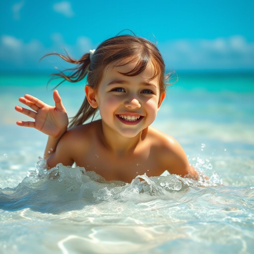 A beautiful young girl playing joyfully in the water at a stunning beach, portrayed in great detail with her playful charm