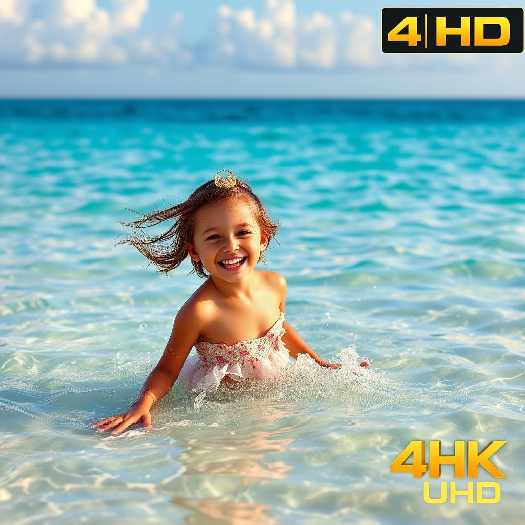 A beautiful young girl playing joyfully in the water at a stunning beach, portrayed in great detail with her playful charm