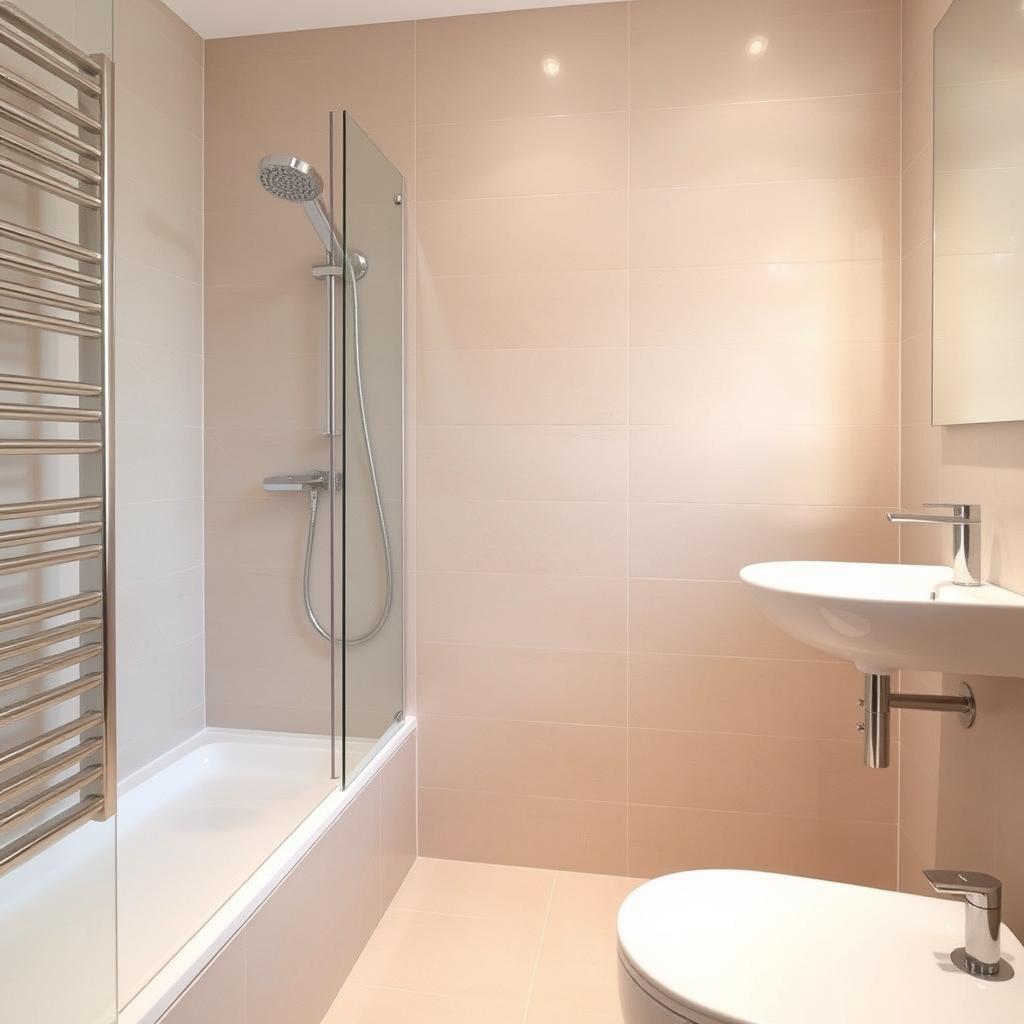 a modern bathroom with a shower tray and shower set on the right side, a sink on the right side, beige tiled walls, no toilet