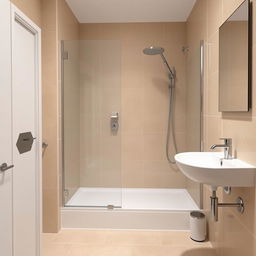 a modern bathroom with a shower tray and shower set on the right side, a sink on the right side, beige tiled walls, no toilet