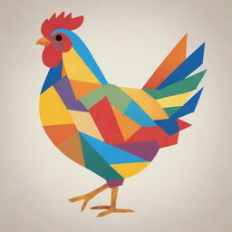 An abstract chicken composed of geometric shapes, such as triangles and circles. The color scheme is vibrant, featuring a blend of primaries and secondaries to heighten the visual interest.