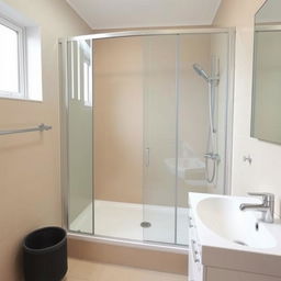 a modern bathroom with a shower tray and shower set on the right side, a sink on the right side, beige tiled walls, no toilet