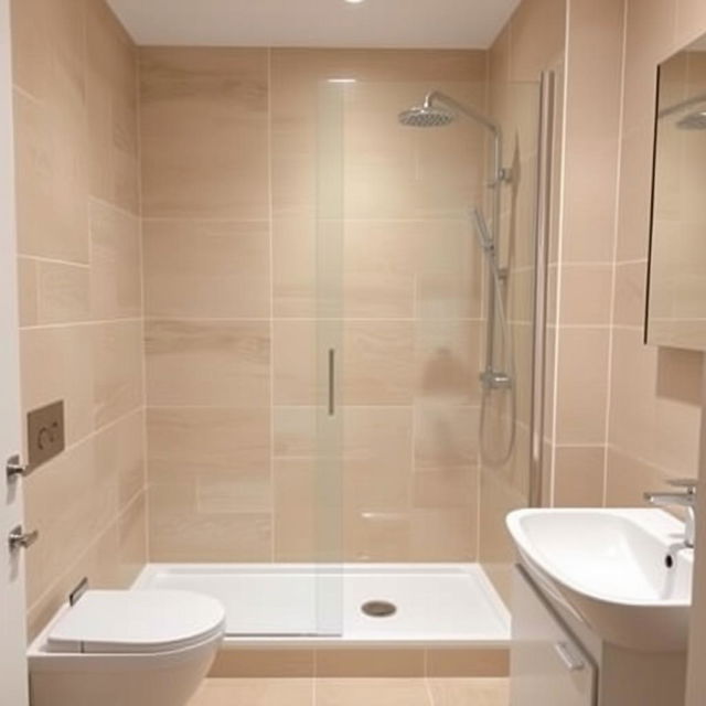 a modern bathroom with a shower tray and shower set on the right side, a sink on the right side, beige tiled walls, no toilet