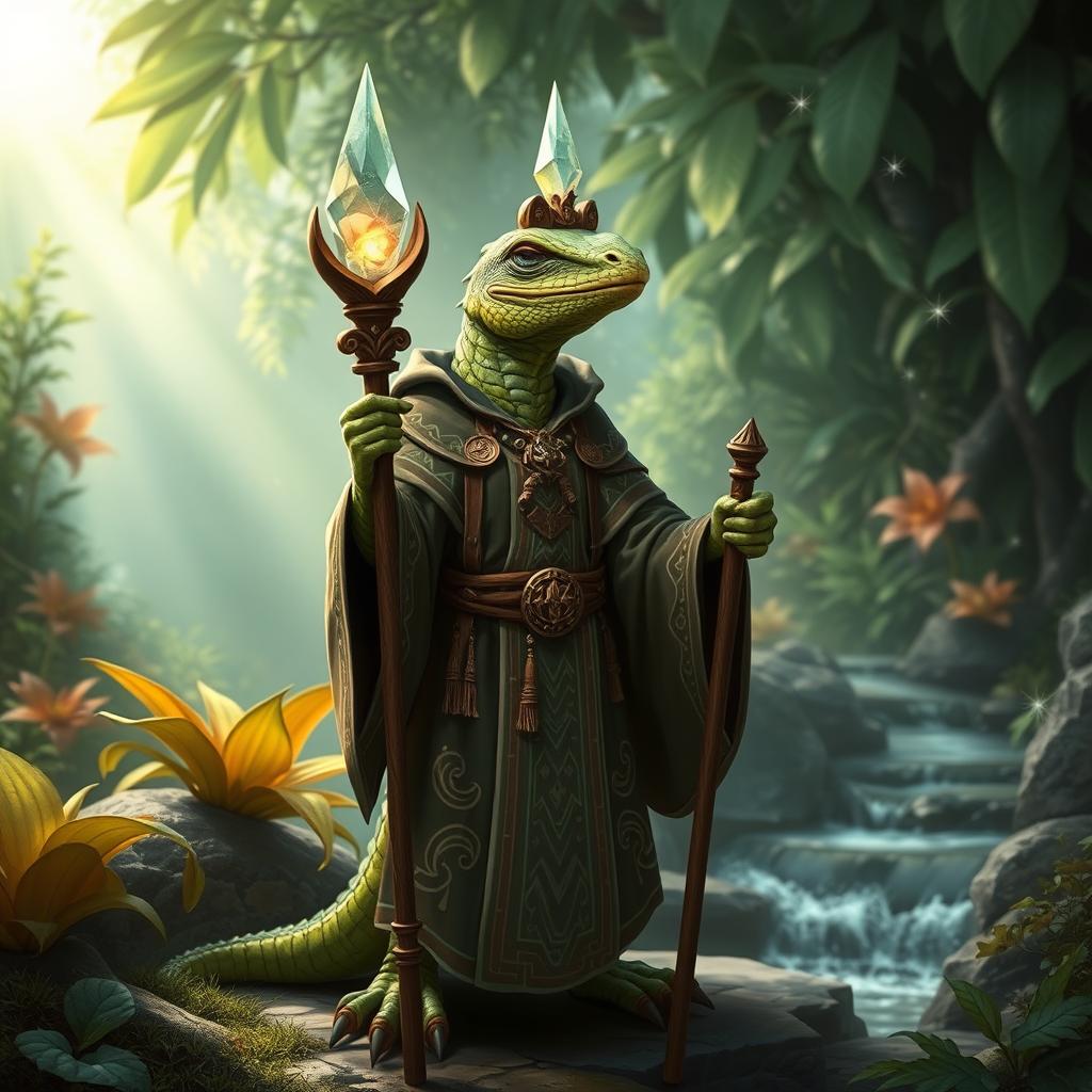 A cleric lizardfolk character, designed with intricate details such as vibrant green and brown scales, wearing ornate robes adorned with mystical symbols and a holy emblem