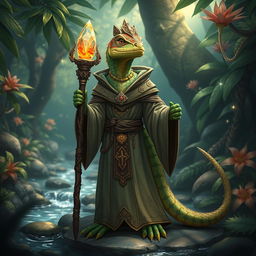 A cleric lizardfolk character, designed with intricate details such as vibrant green and brown scales, wearing ornate robes adorned with mystical symbols and a holy emblem