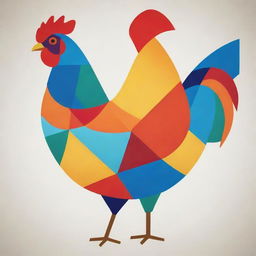 An abstract chicken composed of geometric shapes, such as triangles and circles. The color scheme is vibrant, featuring a blend of primaries and secondaries to heighten the visual interest.