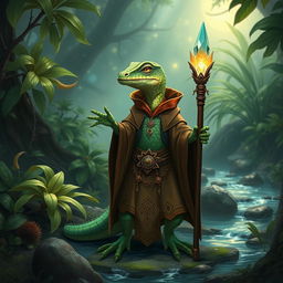 A cleric lizardfolk character, designed with intricate details such as vibrant green and brown scales, wearing ornate robes adorned with mystical symbols and a holy emblem