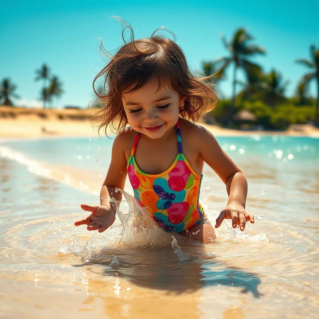 A young girl playing in the water at a beautiful beach, capturing a captivating and enchanting scene