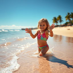 A young girl playing in the water at a beautiful beach, capturing a captivating and enchanting scene