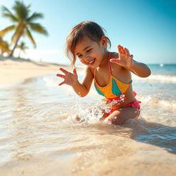 A young girl playing in the water at a beautiful beach, capturing a captivating and enchanting scene