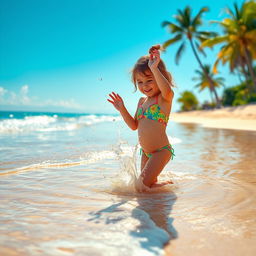 A young girl playing in the water at a beautiful beach, capturing a captivating and enchanting scene