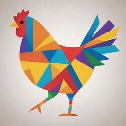 An abstract chicken composed of geometric shapes, such as triangles and circles. The color scheme is vibrant, featuring a blend of primaries and secondaries to heighten the visual interest.