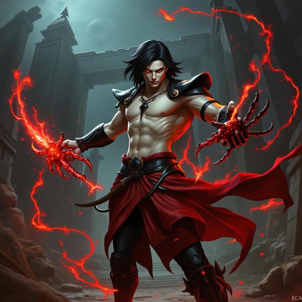 A vampire warrior wielding two short swords imbued with necrosis energy