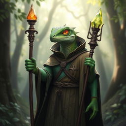 A cleric lizardman character, standing upright with vibrant green scales that shimmer under the light, wearing an ornate robe adorned with ancient symbols and patterns