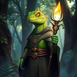 A cleric lizardman character, standing upright with vibrant green scales that shimmer under the light, wearing an ornate robe adorned with ancient symbols and patterns