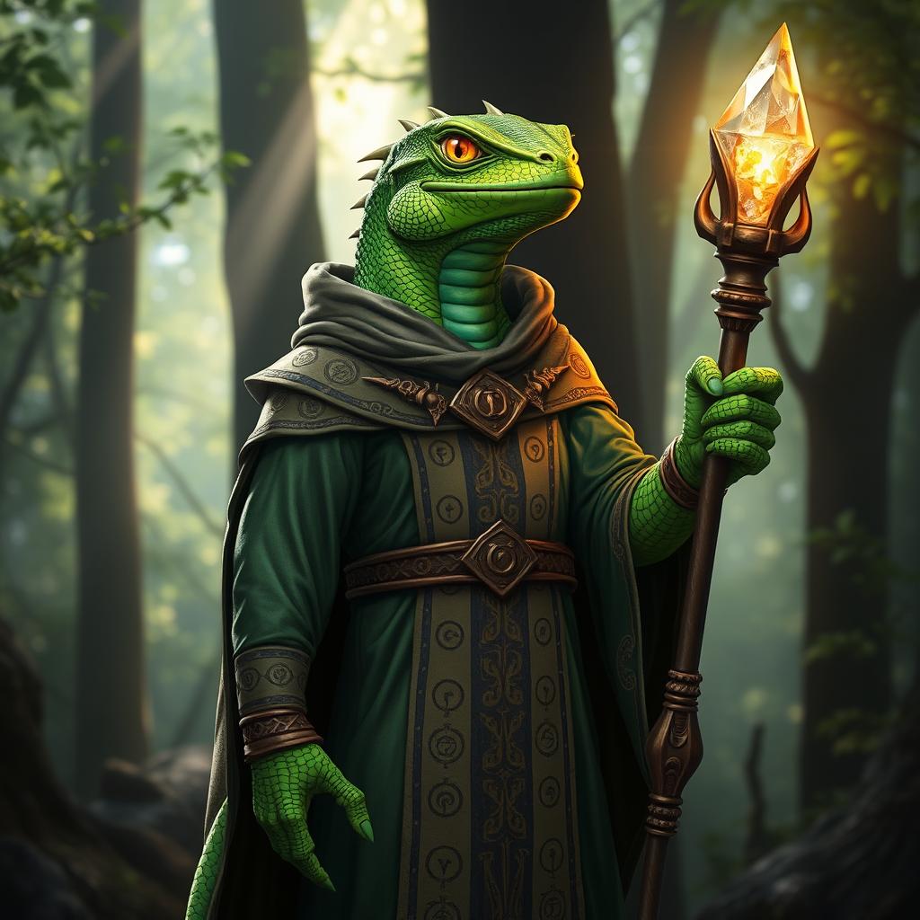 A cleric lizardman character, standing upright with vibrant green scales that shimmer under the light, wearing an ornate robe adorned with ancient symbols and patterns