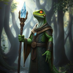 A cleric lizardman character, standing upright with vibrant green scales that shimmer under the light, wearing an ornate robe adorned with ancient symbols and patterns