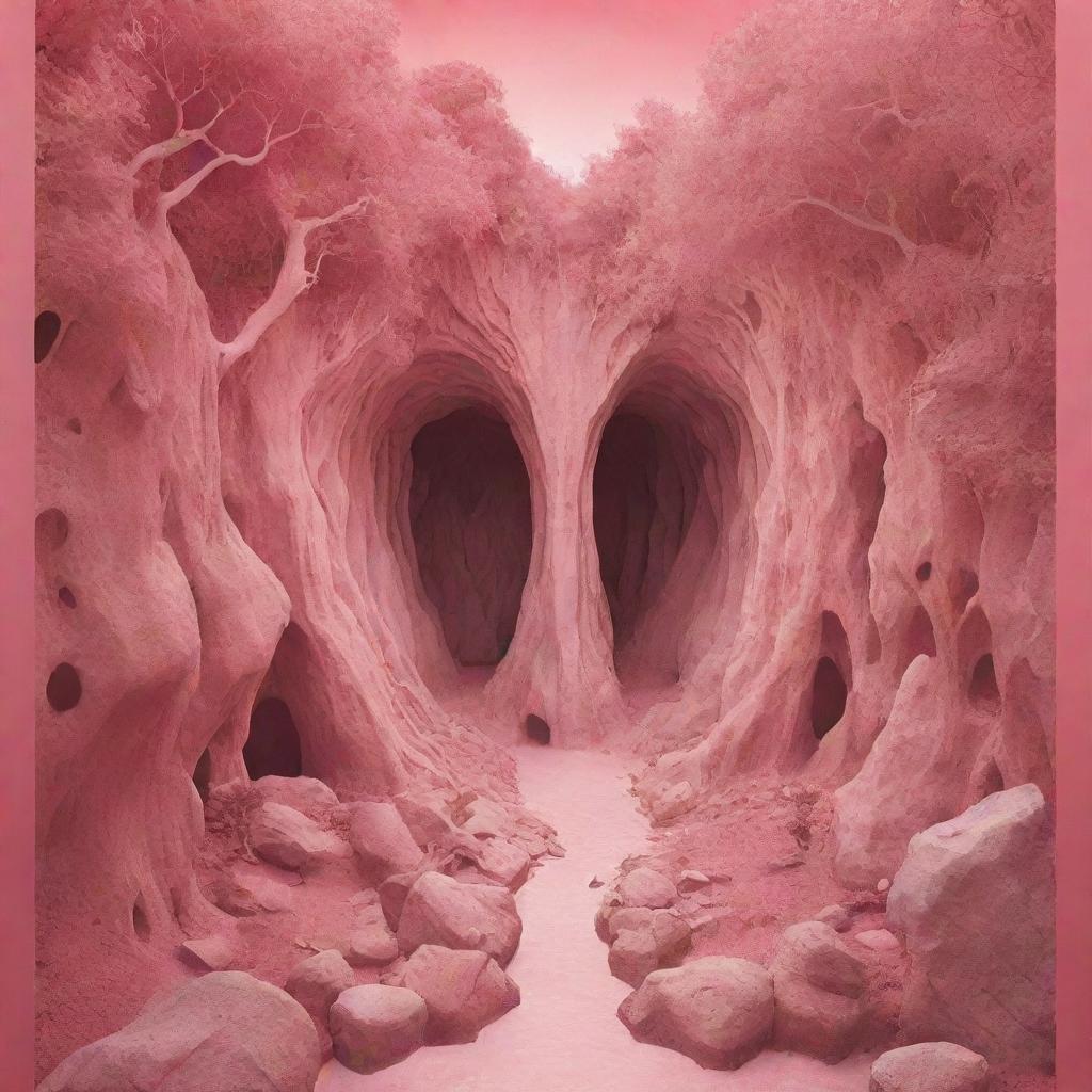 Design an epic poster featuring a paradise of love laced with caves, trees, and heart shapes. The color palette should be dominated by hues of pink, white, and red.